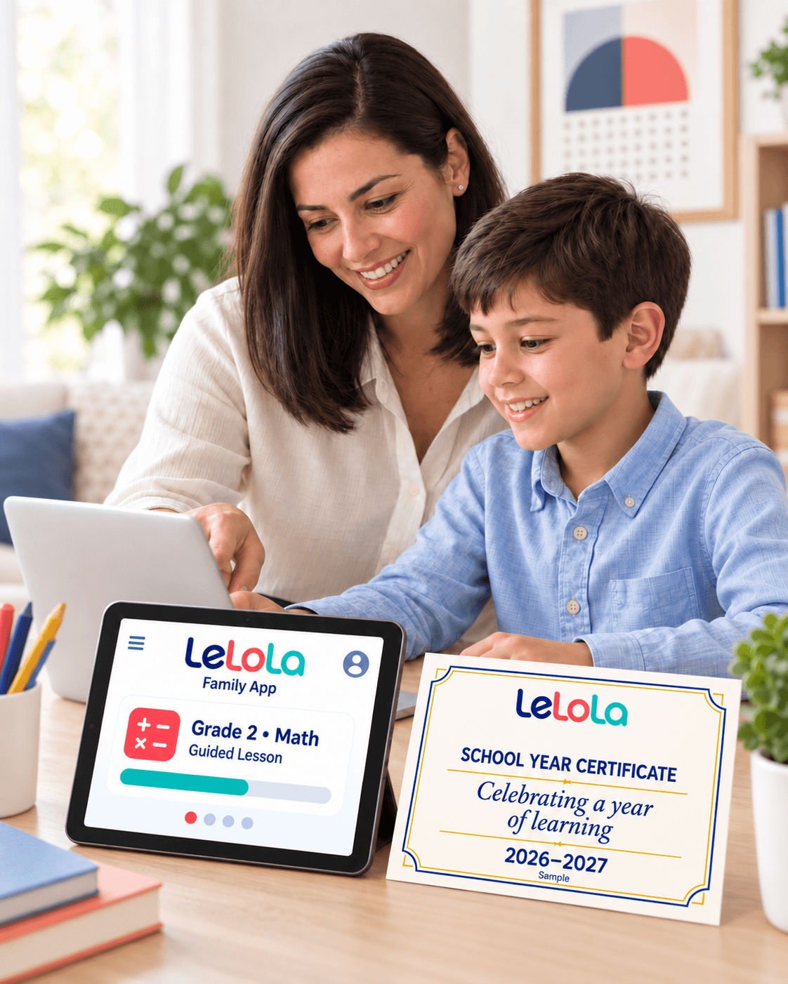 A mother teaching her child at home, with an illustrative LeLoLa Family App tablet and a sample school-year certificate celebrating a year of learning